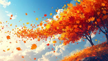 Autumn landscape with falling leaves and sunny sky. 3d renderの素材