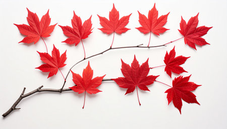 Red maple leaves on white background. Autumn concept. Flat lay, top view.の素材
