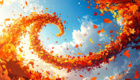 Falling autumn leaves on blue sky background. 3d illustration.の素材