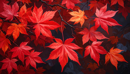 Autumn leaves background. Red maple leaves on dark background. Autumn backgroundの素材