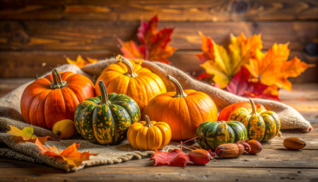 Autumn still life with pumpkins and leaves on rustic wooden backgroundの素材