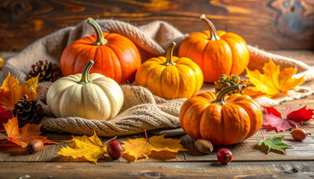 Autumn still life with pumpkins and leaves on rustic wooden backgroundの素材