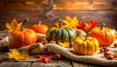 Autumn still life with pumpkins and leaves on rustic wooden backgroundの素材