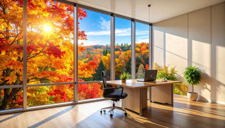 Modern office interior with panoramic view of autumn forest. 3D Renderingの素材