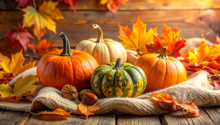 Autumn still life with pumpkins and leaves on a wooden backgroundの素材