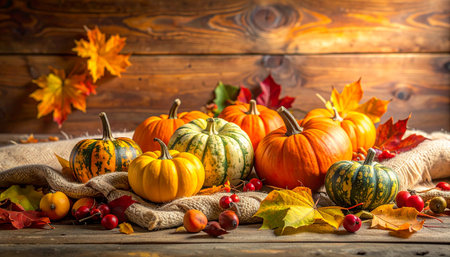 Autumn still life with pumpkins, berries and leaves on wooden backgroundの素材