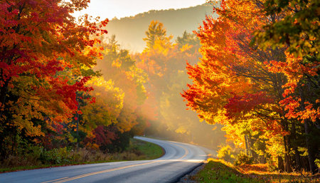 Beautiful autumn landscape with road and colorful trees. Fall season.の素材