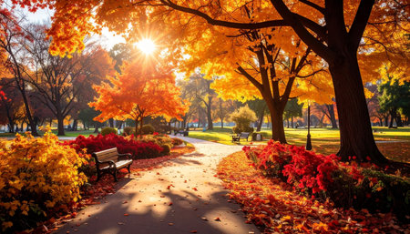 Beautiful autumn landscape in the park with colorful trees and bench.の素材