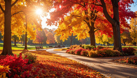Beautiful autumn park with colorful trees and bench in sunny day.の素材