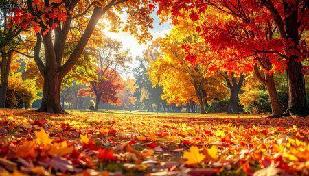Beautiful autumn park with colorful maple trees and fallen leaves. Nature backgroundの素材
