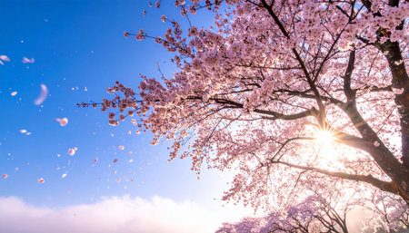 Cherry blossoms in full bloom on blue sky background with sunの素材