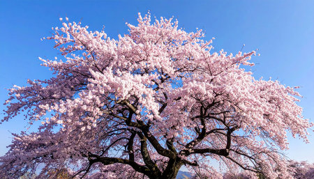 Cherry blossoms in full bloom with blue sky in the backgroundの素材