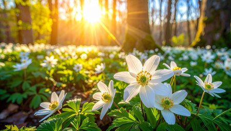 Beautiful white wood anemone flowers in the forest at sunsetの素材