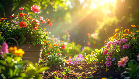 Beautiful flowers in the garden on a sunny day. Floral backgroundの素材