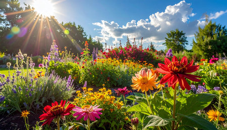 Colorful flowers in the garden on a sunny day. Summer landscape.の素材