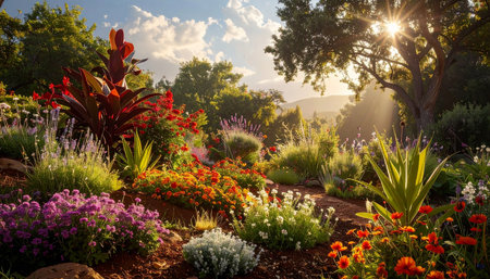 Beautiful flower garden in the morning with sun rays and lens flareの素材