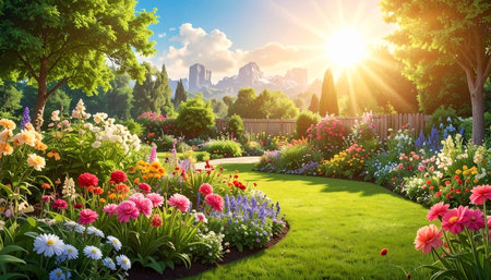 Garden with flowers and sunlight in the morning. Spring landscape.の素材