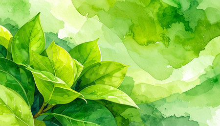 Watercolor background with green leaves. Vector illustration for your design.の素材