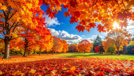 Beautiful autumn landscape with maple trees and colorful leaves on a sunny dayの素材