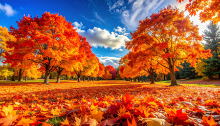 Autumn landscape with colorful maple trees in park. Fall season.の素材