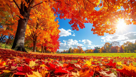 autumn landscape with bright colorful leaves on the ground. Indian summer.の素材