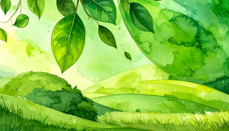 Green summer landscape with trees and grass. Watercolor hand drawn illustrationの素材