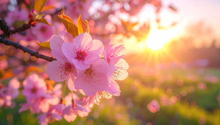cherry blossom sakura in the morning light with lens flareの素材