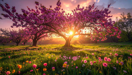 Sunset over the cherry blossoms tree in spring. Spring landscape.の素材