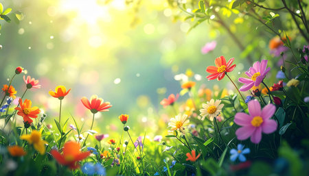 Colorful flowers blooming in the garden with sunlight. Nature backgroundの素材