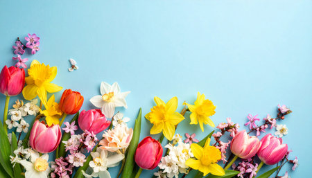 Spring flowers on blue background. Daffodils, tulips and hyacinthsの素材