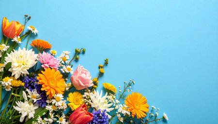 Bouquet of spring flowers on blue background with copy space.の素材