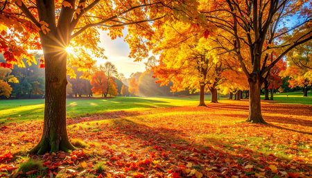 Beautiful autumn landscape in the park with maple trees and sun raysの素材