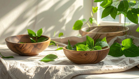 Wooden bowls with green leaves on a white tablecloth in the sunlightの素材