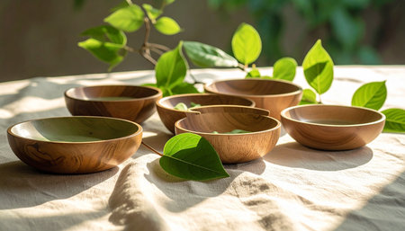 Wooden bowls with green leaves on white tablecloth in sunlight.の素材