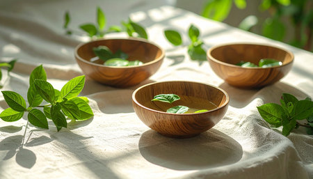 Wooden bowls with fresh green mint leaves on white tablecloth.の素材