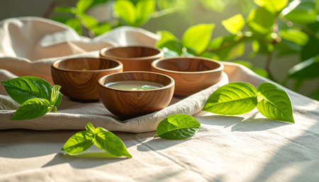 Spa and wellness setting with herbal tea in wooden bowls and fresh green leavesの素材