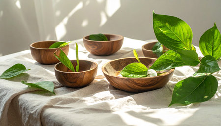 Plant seedlings in wooden bowls on a white tablecloth.の素材