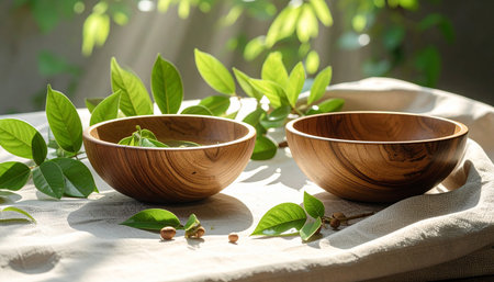 Wooden bowl with green tea leaves on white tablecloth, natural lightの素材