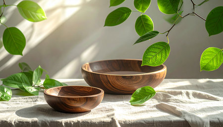 Wooden bowls with green leaves on the background of the window.の素材