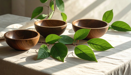 Wooden bowls with green leaves on table in sunlight, closeupの素材