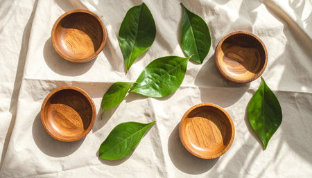Wooden bowls with green leaves on a white tablecloth, top viewの素材