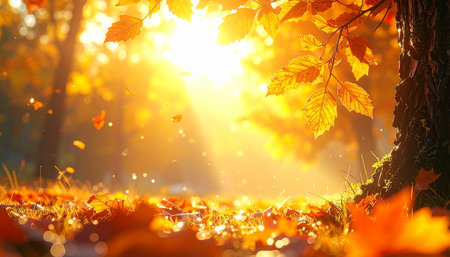 Autumn forest with sun rays and bokeh. Autumn landscapeの素材