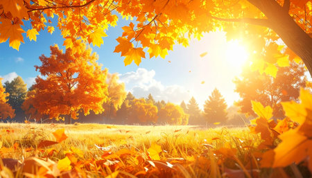 Autumn landscape with yellow maple leaves and sun in the background.の素材