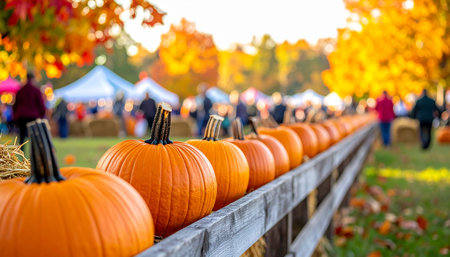 Halloween pumpkins on the wooden fence in the park. Autumn backgroundの素材
