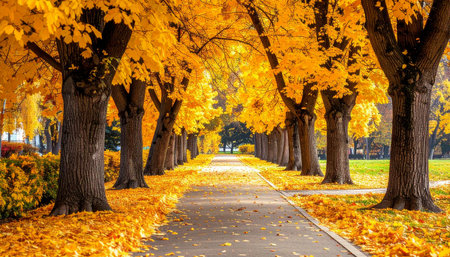 Beautiful autumn landscape in the park with yellow maple trees and roadの素材