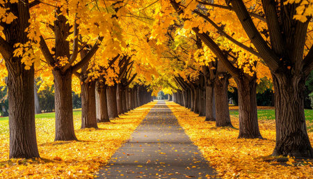 Ginkgo trees in autumn park with yellow leaves and pathway.の素材