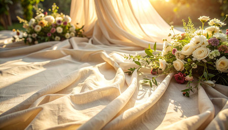 wedding bouquet on the table in the morning light.の素材