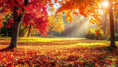 Autumn leaves in the park at sunset. Beautiful nature background.の素材