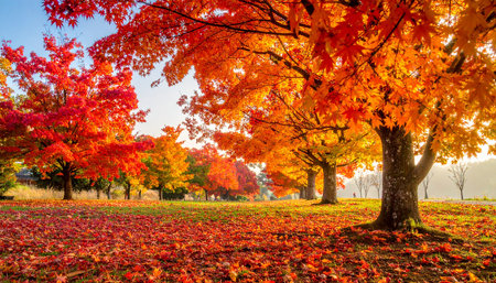 Colorful autumn leaves in the park at sunset, fall season.の素材