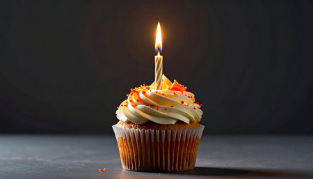 Birthday cupcake with burning candle on dark background, closeupの素材